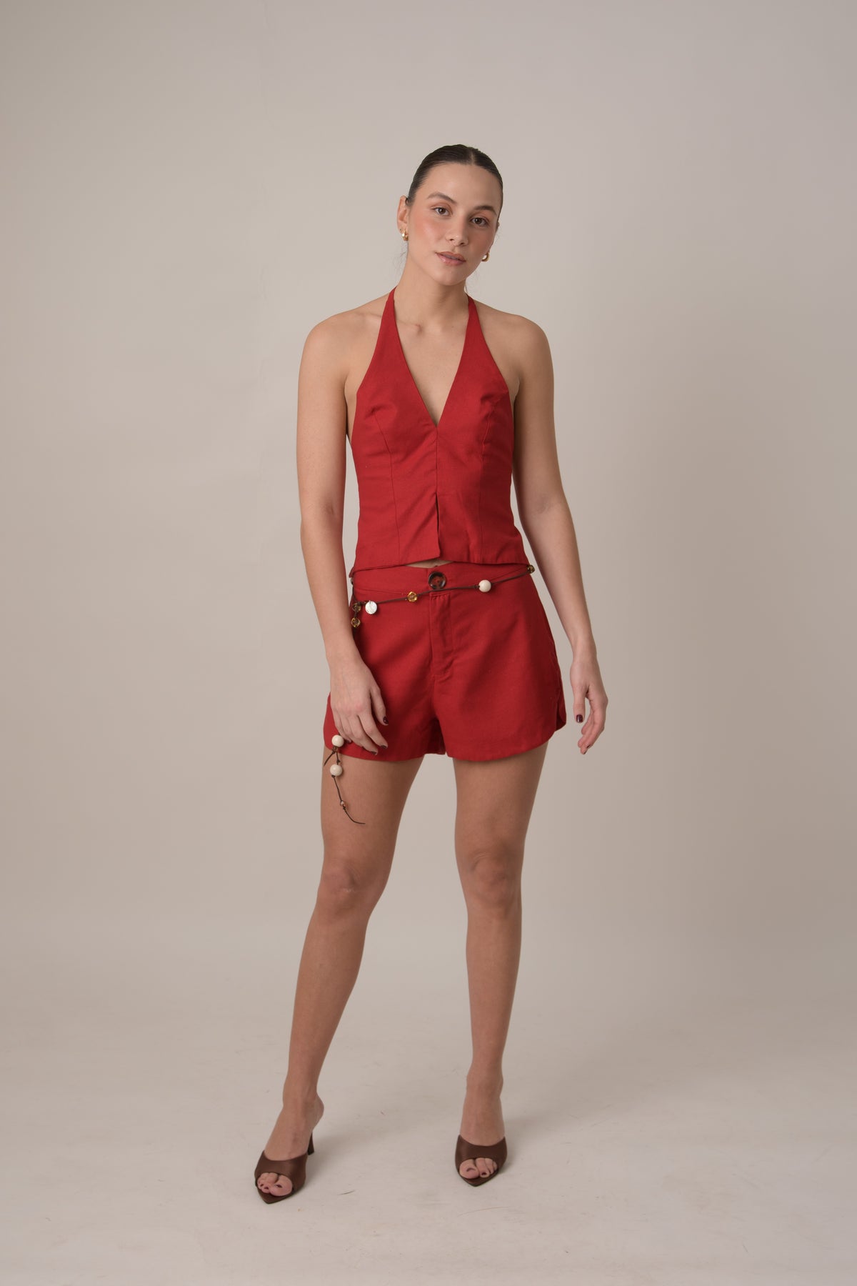 LINEN SHORTS SET CHERRY